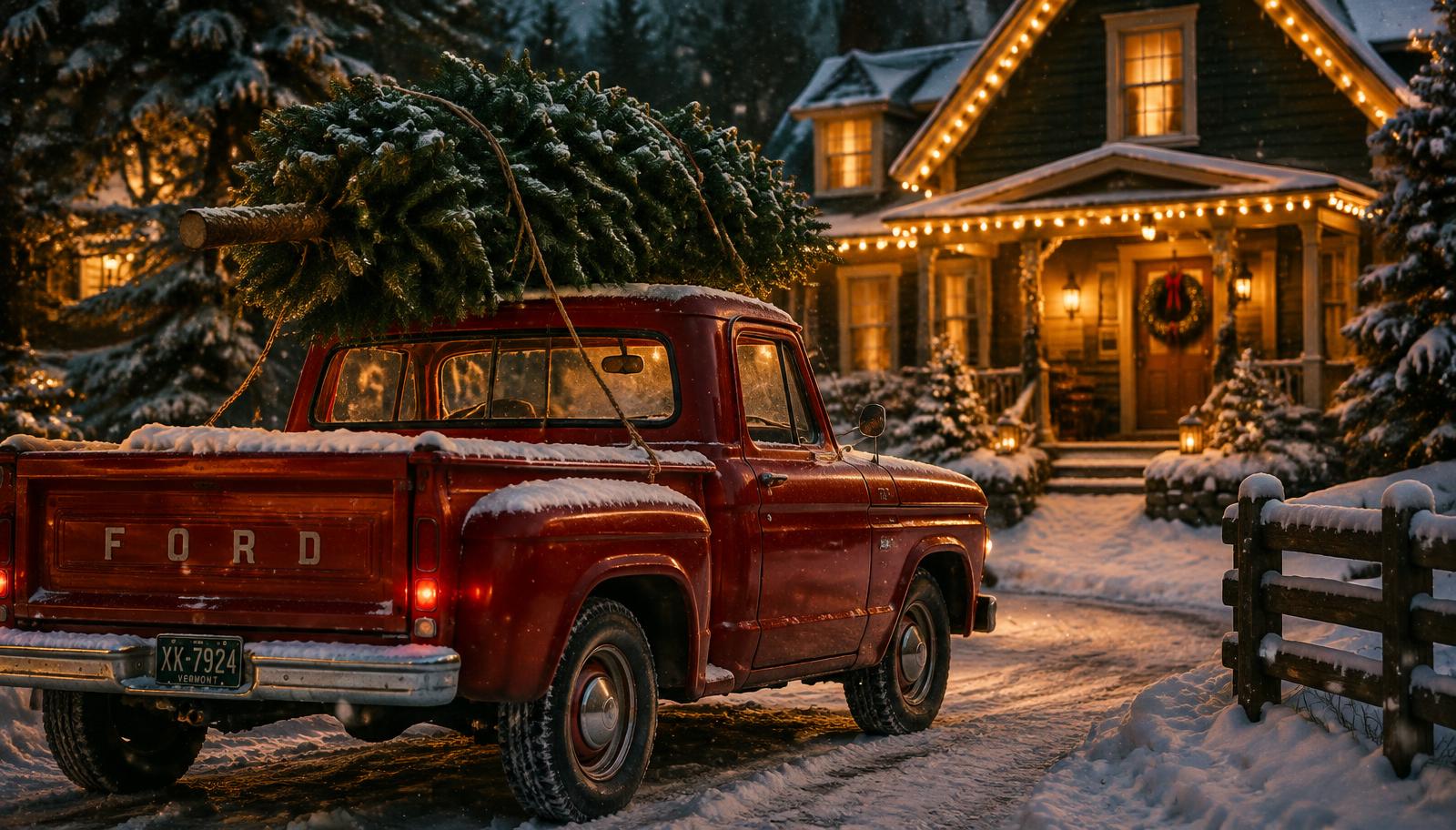 Christmas tree on a red pickup truck outside a lit house